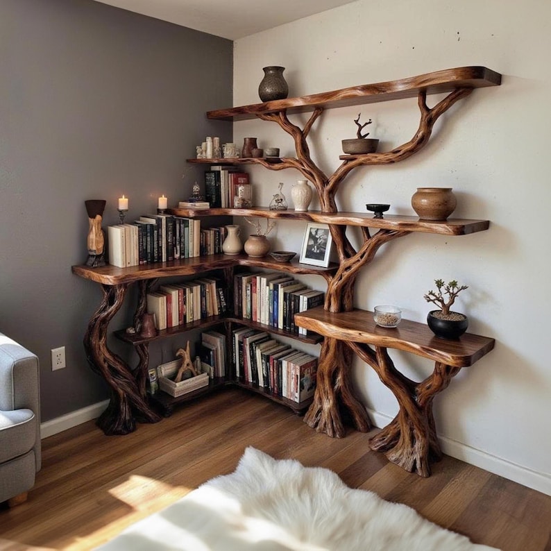 Corner Tree Branch Solid Wood Floating Bookshelf