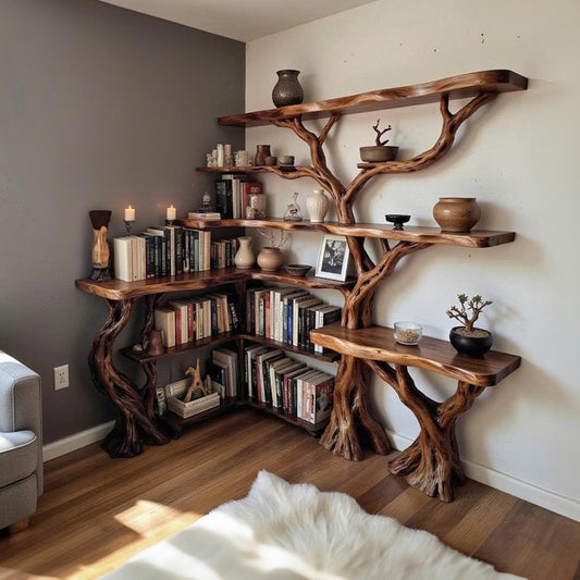Corner Tree Branch Solid Wood Floating Bookshelf