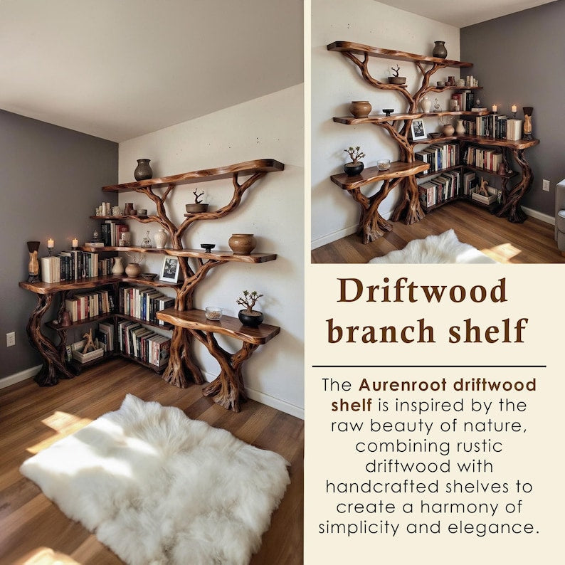 Corner Tree Branch Solid Wood Floating Bookshelf