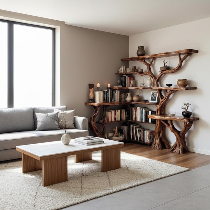 Corner Tree Branch Solid Wood Floating Bookshelf