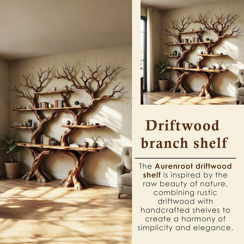 Solid Wood Tree Branch Bookshelf Driftwood Wall Sculpture