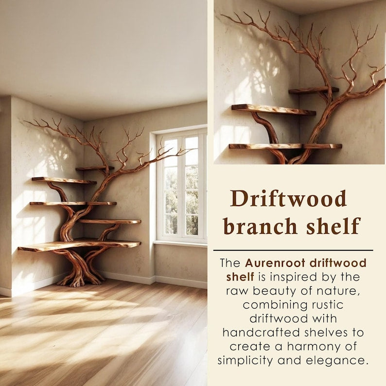 Corner Tree Branch Solid Wood Floating Bookshelf