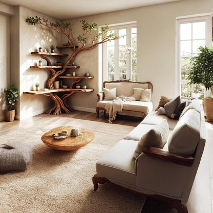Corner Tree Branch Solid Wood Floating Bookshelf