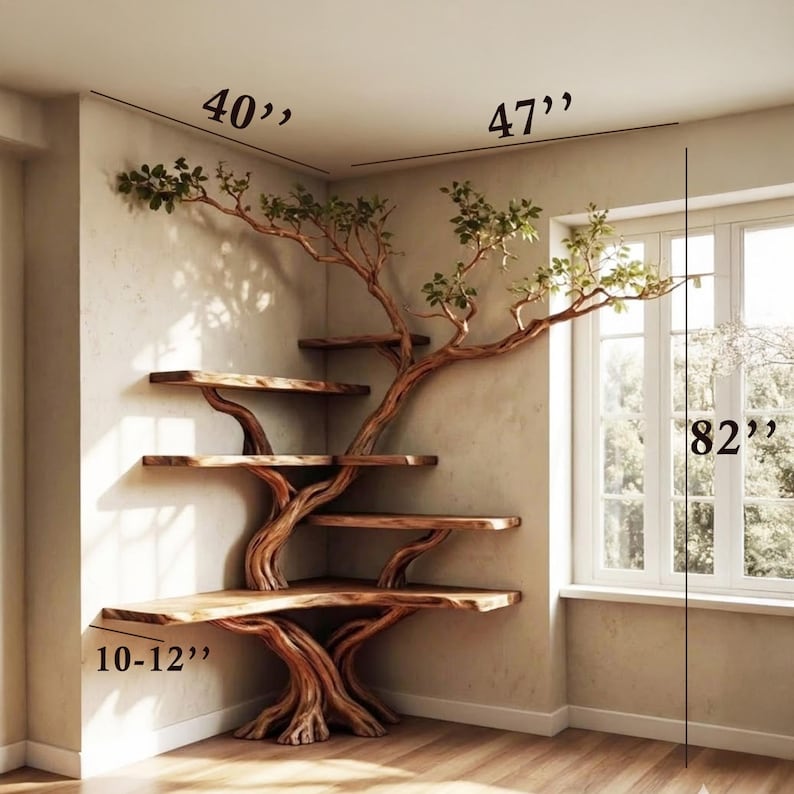 Corner Tree Branch Solid Wood Floating Bookshelf