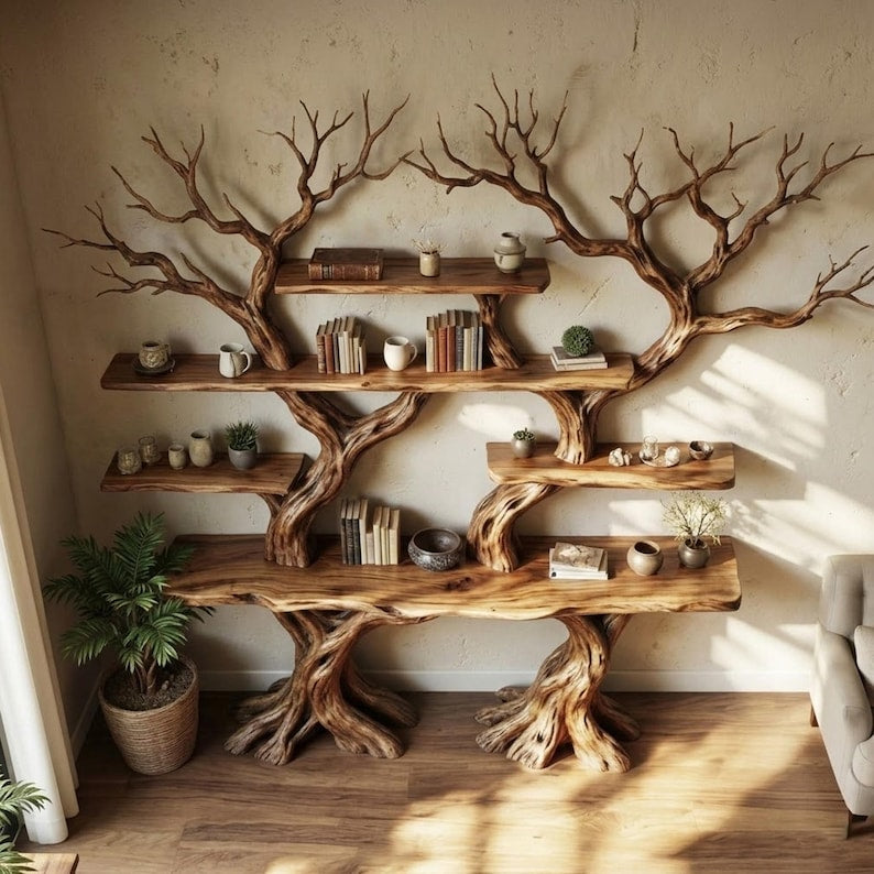Solid Wood Tree Branch Bookshelf Driftwood Wall Sculpture