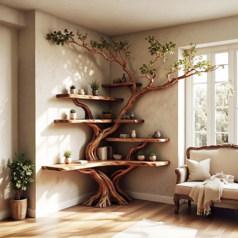 Corner Tree Branch Solid Wood Floating Bookshelf