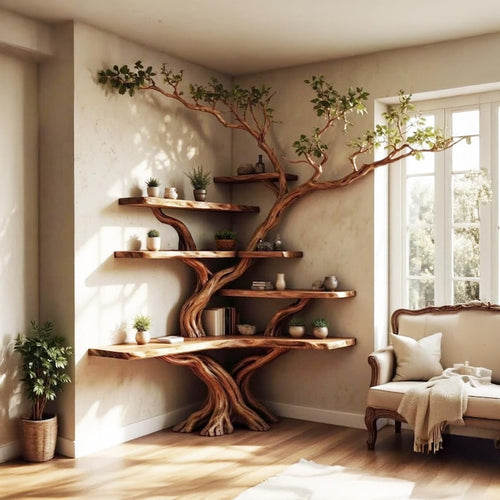 Corner Tree Branch Solid Wood Floating Bookshelf