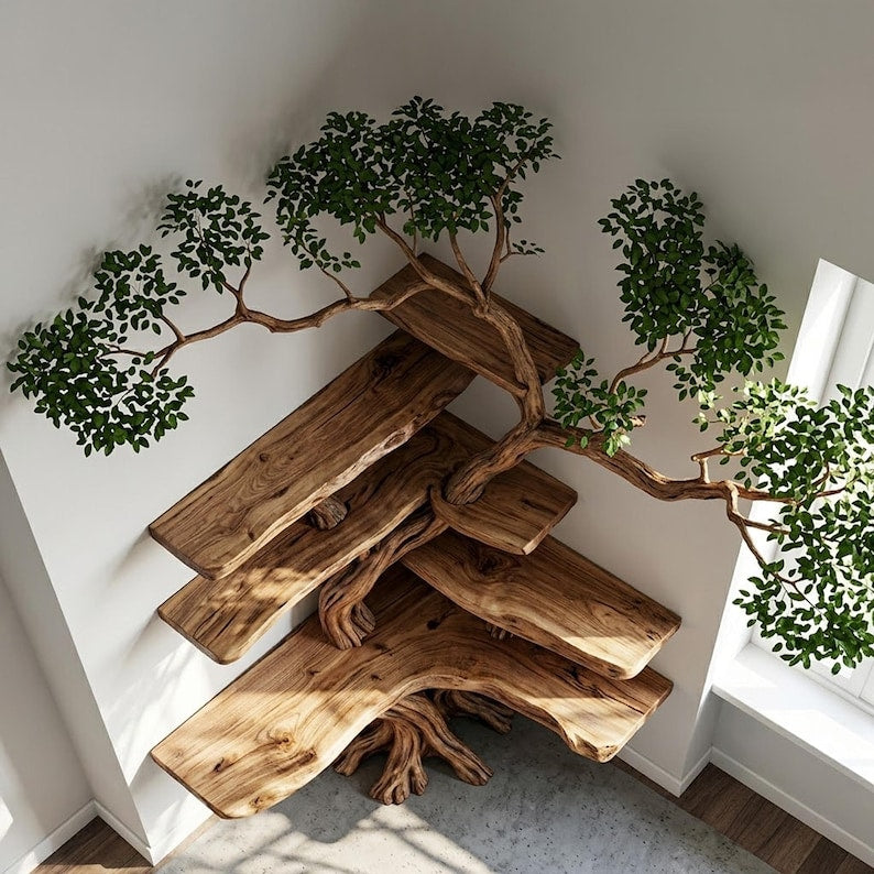 Corner Tree Branch Solid Wood Floating Bookshelf