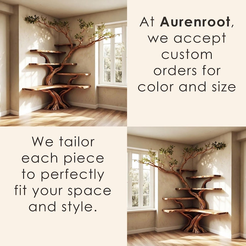 Corner Tree Branch Solid Wood Floating Bookshelf